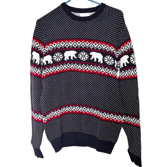 Aspen Navy Blue Polar Bear Nordic Fair Isle cotton Sweater size large - Picture 1 of 6